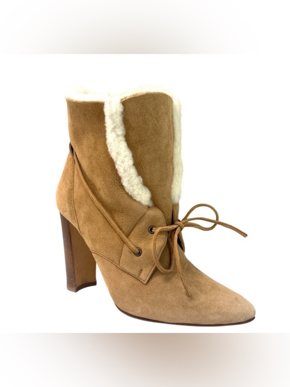 Manolo Blahnik Ostrava Shearling Suede Booties 37 Tan Heels‎